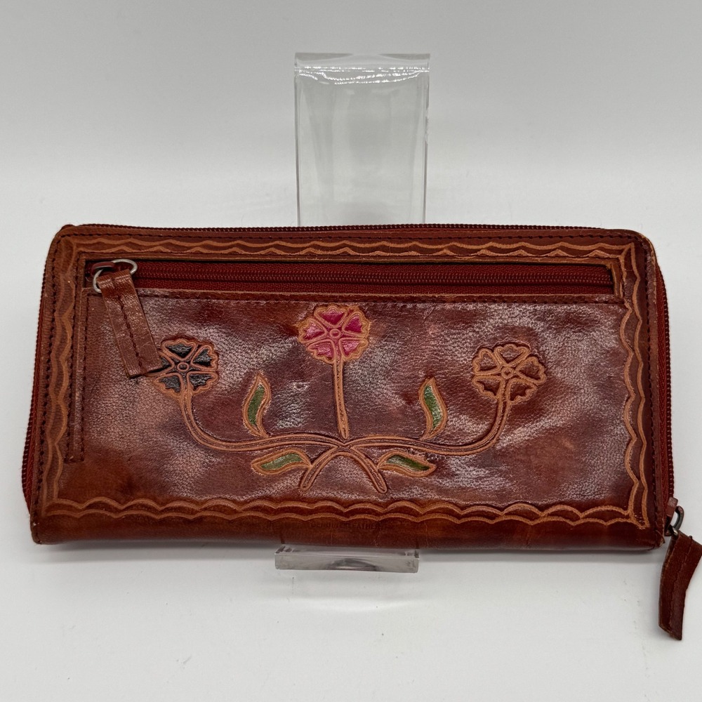 Vintage Mexican Hand Tooled Leather Floral Zip Around Clutch Wallet Brown Boho